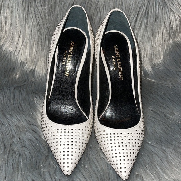 Saint Laurent Studded White Leather Classic Paris Pumps YSL Sz. 35 US Sz. 5 - Picture 11 of 17